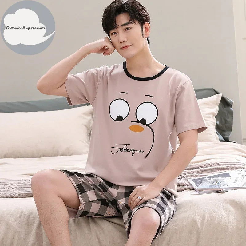 Summer Knitted Cotton Short Sleeved Men's Pajamas Sets Male Pajama Set Letter Pajama For Men Sleepwear Suit Homewear Size xXXXL - Slobuy