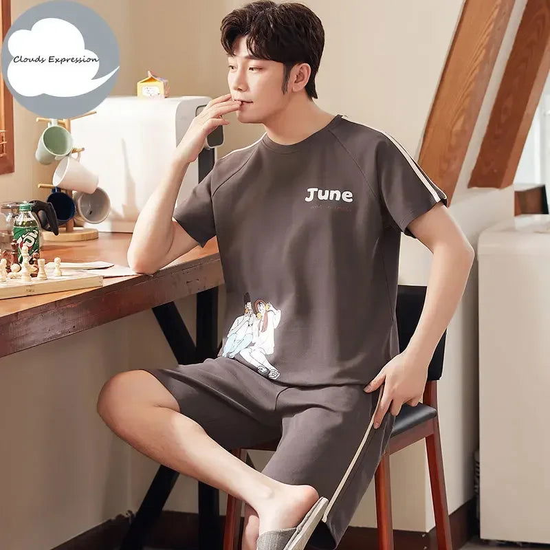 Summer Knitted Cotton Short Sleeved Men's Pajamas Sets Male Pajama Set Letter Pajama For Men Sleepwear Suit Homewear Size xXXXL - Slobuy