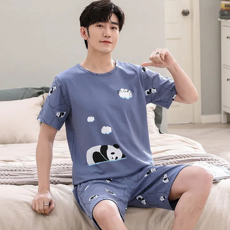 Summer Knitted Cotton Short Sleeved Men's Pajamas Sets Male Pajama Set Letter Pajama For Men Sleepwear Suit Homewear Size xXXXL - Slobuy