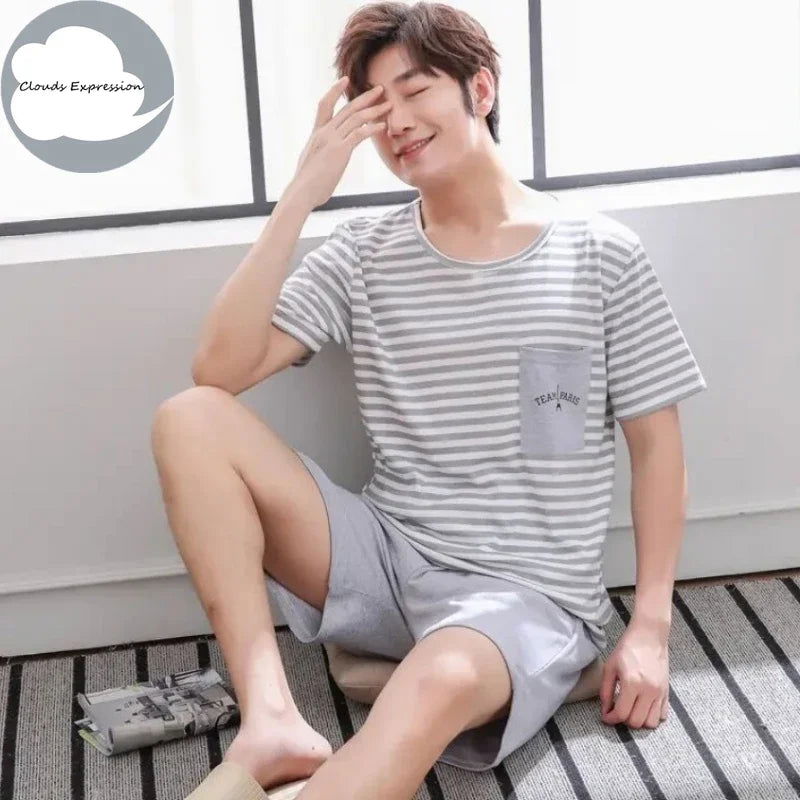 Summer Knitted Cotton Short Sleeved Men's Pajamas Sets Male Pajama Set Letter Pajama For Men Sleepwear Suit Homewear Size xXXXL - Slobuy