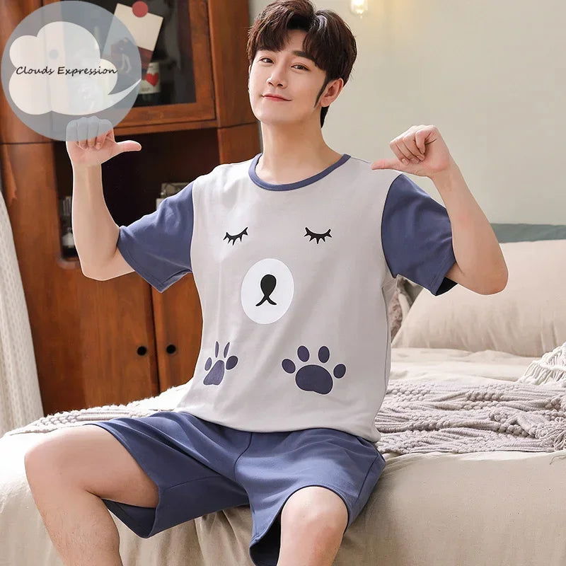 Summer Knitted Cotton Short Sleeved Men's Pajamas Sets Male Pajama Set Letter Pajama For Men Sleepwear Suit Homewear Size xXXXL - Slobuy