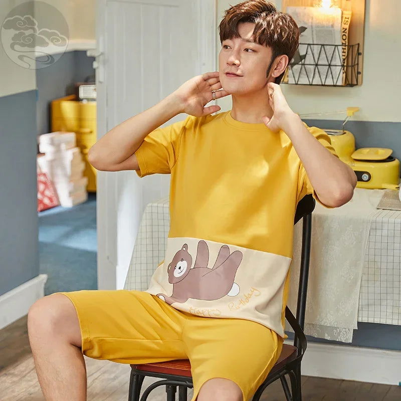 Summer Knitted Cotton Short Sleeved Men's Pajamas Sets Male Pajama Set Letter Pajama For Men Sleepwear Suit Homewear Size xXXXL - Slobuy