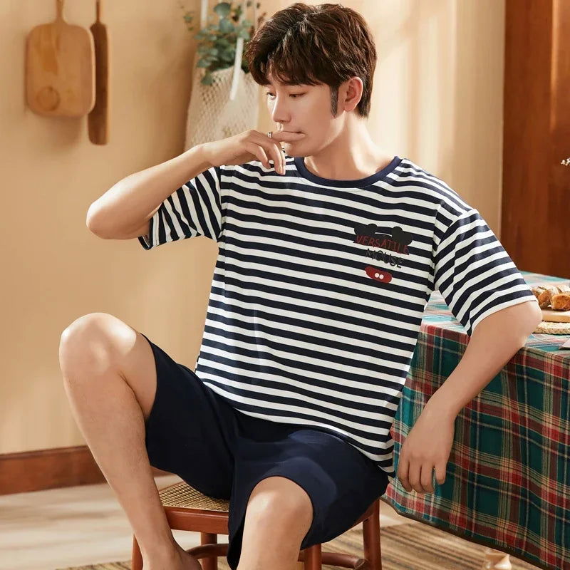 Summer Knitted Cotton Short Sleeved Men's Pajamas Sets Male Pajama Set Letter Pajama For Men Sleepwear Suit Homewear Size xXXXL - Slobuy