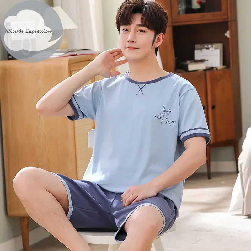 Summer Knitted Cotton Short Sleeved Men's Pajamas Sets Male Pajama Set Letter Pajama For Men Sleepwear Suit Homewear Size xXXXL - Slobuy