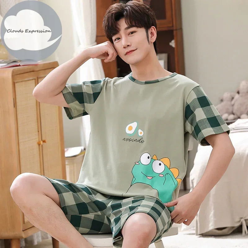 Summer Knitted Cotton Short Sleeved Men's Pajamas Sets Male Pajama Set Letter Pajama For Men Sleepwear Suit Homewear Size xXXXL - Slobuy