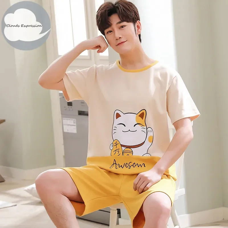 Summer Knitted Cotton Short Sleeved Men's Pajamas Sets Male Pajama Set Letter Pajama For Men Sleepwear Suit Homewear Size xXXXL - Slobuy