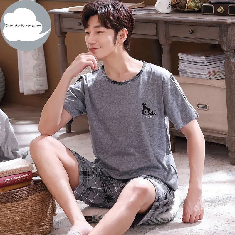 Summer Knitted Cotton Short Sleeved Men's Pajamas Sets Male Pajama Set Letter Pajama For Men Sleepwear Suit Homewear Size xXXXL - Slobuy