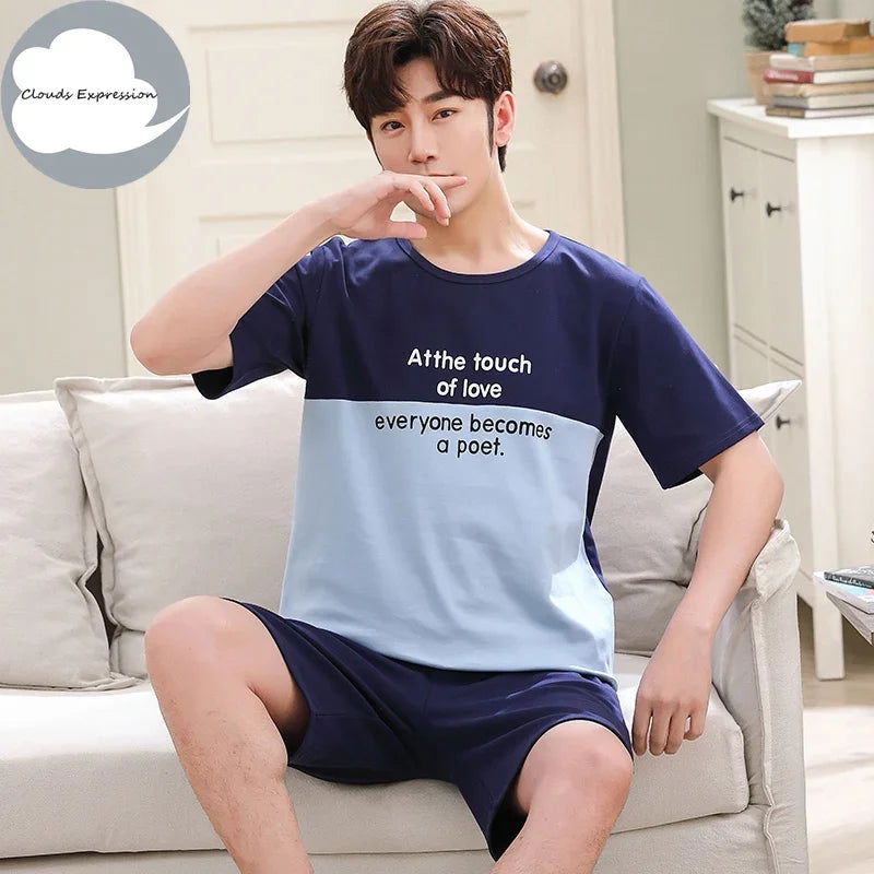 Summer Knitted Cotton Short Sleeved Men's Pajamas Sets Male Pajama Set Letter Pajama For Men Sleepwear Suit Homewear Size xXXXL - Slobuy