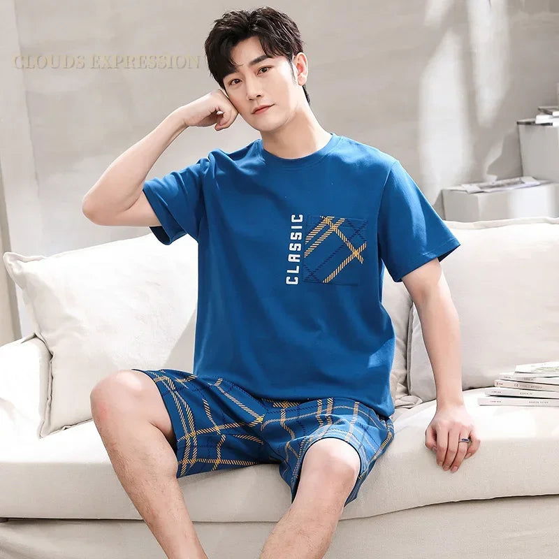 Summer Knitted Cotton Short Sleeved Men's Pajamas Sets Male Pajama Set Letter Pajama For Men Sleepwear Suit Homewear Size xXXXL - Slobuy