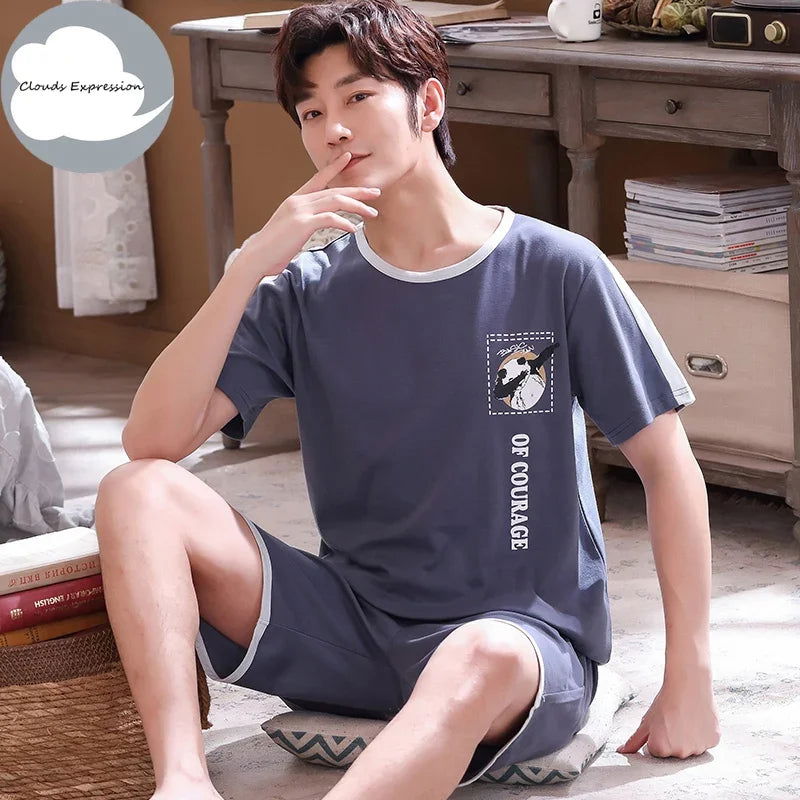 Summer Knitted Cotton Short Sleeved Men's Pajamas Sets Male Pajama Set Letter Pajama For Men Sleepwear Suit Homewear Size xXXXL - Slobuy