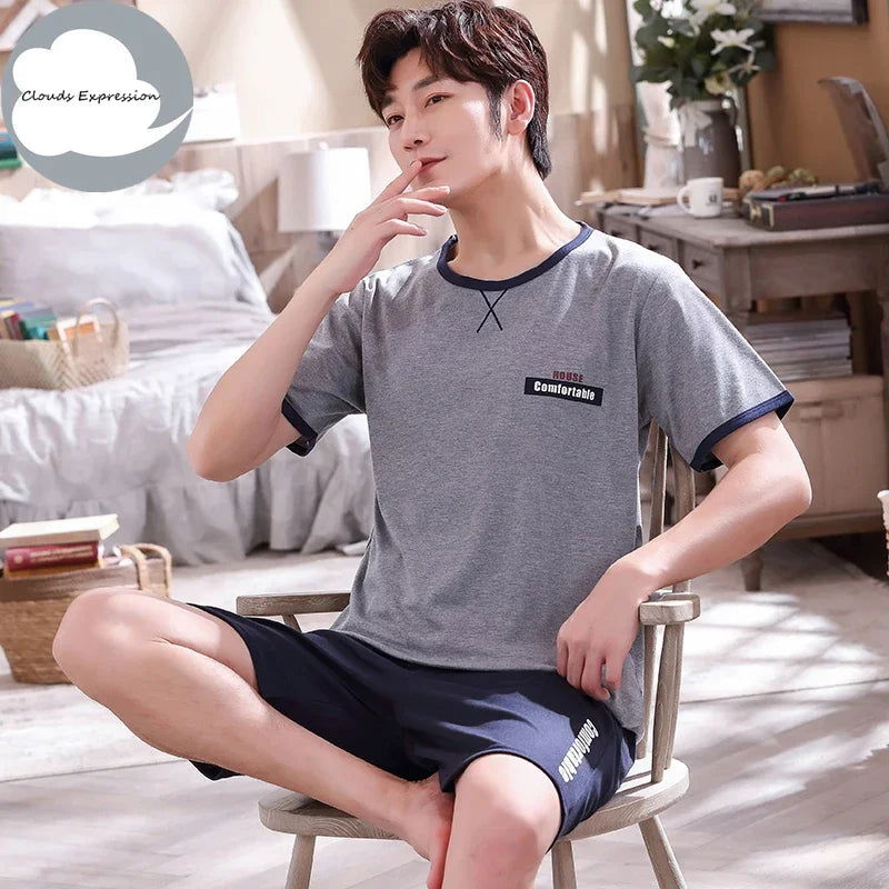 Summer Knitted Cotton Short Sleeved Men's Pajamas Sets Male Pajama Set Letter Pajama For Men Sleepwear Suit Homewear Size xXXXL - Slobuy