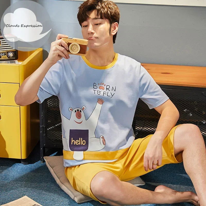 Summer Knitted Cotton Short Sleeved Men's Pajamas Sets Male Pajama Set Letter Pajama For Men Sleepwear Suit Homewear Size xXXXL - Slobuy