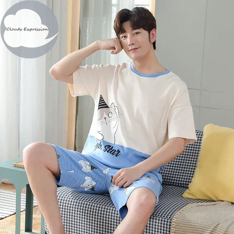 Summer Knitted Cotton Short Sleeved Men's Pajamas Sets Male Pajama Set Letter Pajama For Men Sleepwear Suit Homewear Size xXXXL - Slobuy