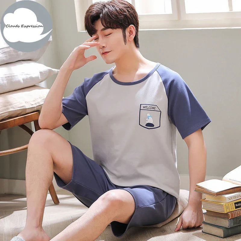 Summer Knitted Cotton Short Sleeved Men's Pajamas Sets Male Pajama Set Letter Pajama For Men Sleepwear Suit Homewear Size xXXXL - Slobuy
