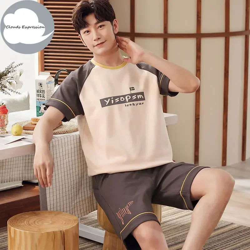 Summer Knitted Cotton Short Sleeved Men's Pajamas Sets Male Pajama Set Letter Pajama For Men Sleepwear Suit Homewear Size xXXXL - Slobuy