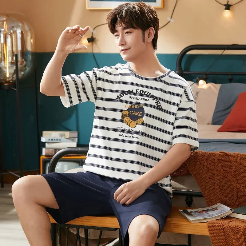 Summer Knitted Cotton Short Sleeved Men's Pajamas Sets Male Pajama Set Letter Pajama For Men Sleepwear Suit Homewear Size xXXXL - Slobuy