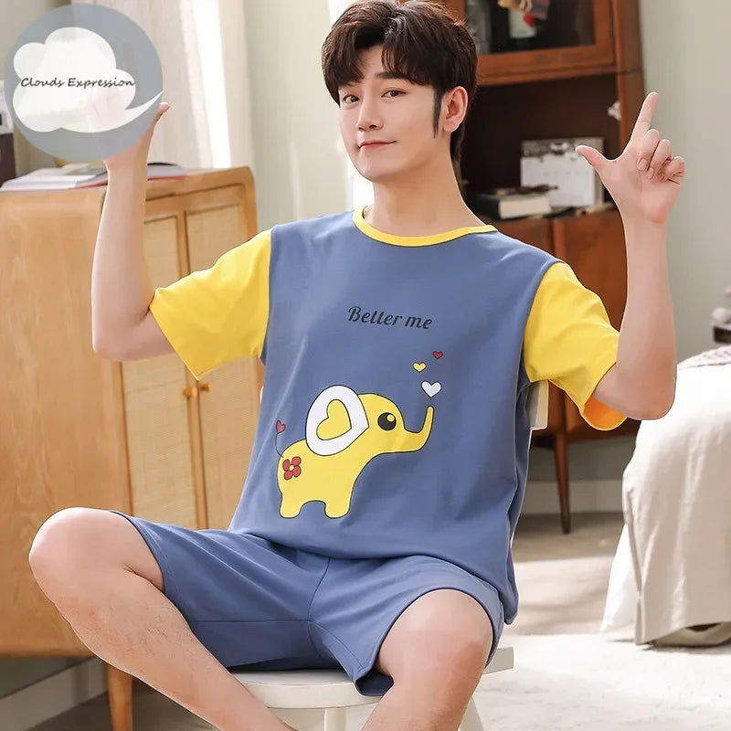 Summer Knitted Cotton Short Sleeved Men's Pajamas Sets Male Pajama Set Letter Pajama For Men Sleepwear Suit Homewear Size xXXXL - Slobuy