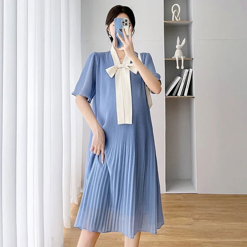 Summer Korean Fashion Chiffon Maternity Dress Elegant Sweet Loose Clothes for Pregnant Women Ins Ruffle Bow Pregnancy Clothing - Slobuy
