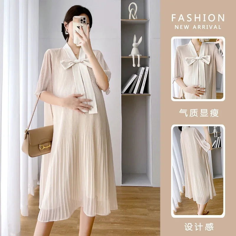 Summer Korean Fashion Chiffon Maternity Dress Elegant Sweet Loose Clothes for Pregnant Women Ins Ruffle Bow Pregnancy Clothing - Slobuy