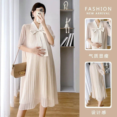 Summer Korean Fashion Chiffon Maternity Dress Elegant Sweet Loose Clothes for Pregnant Women Ins Ruffle Bow Pregnancy Clothing - Slobuy