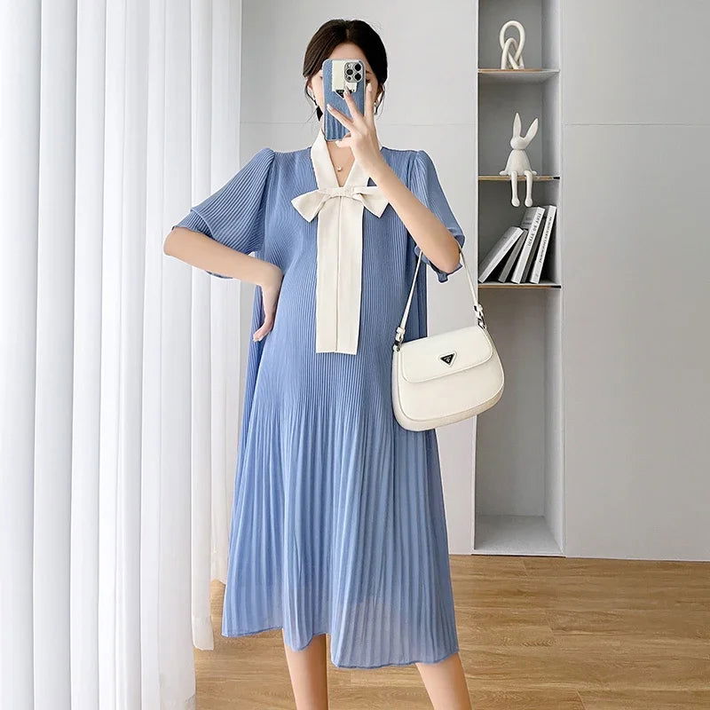 Summer Korean Fashion Chiffon Maternity Dress Elegant Sweet Loose Clothes for Pregnant Women Ins Ruffle Bow Pregnancy Clothing - Slobuy