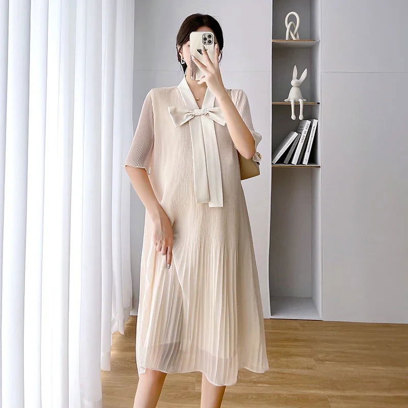 Summer Korean Fashion Chiffon Maternity Dress Elegant Sweet Loose Clothes for Pregnant Women Ins Ruffle Bow Pregnancy Clothing - Slobuy