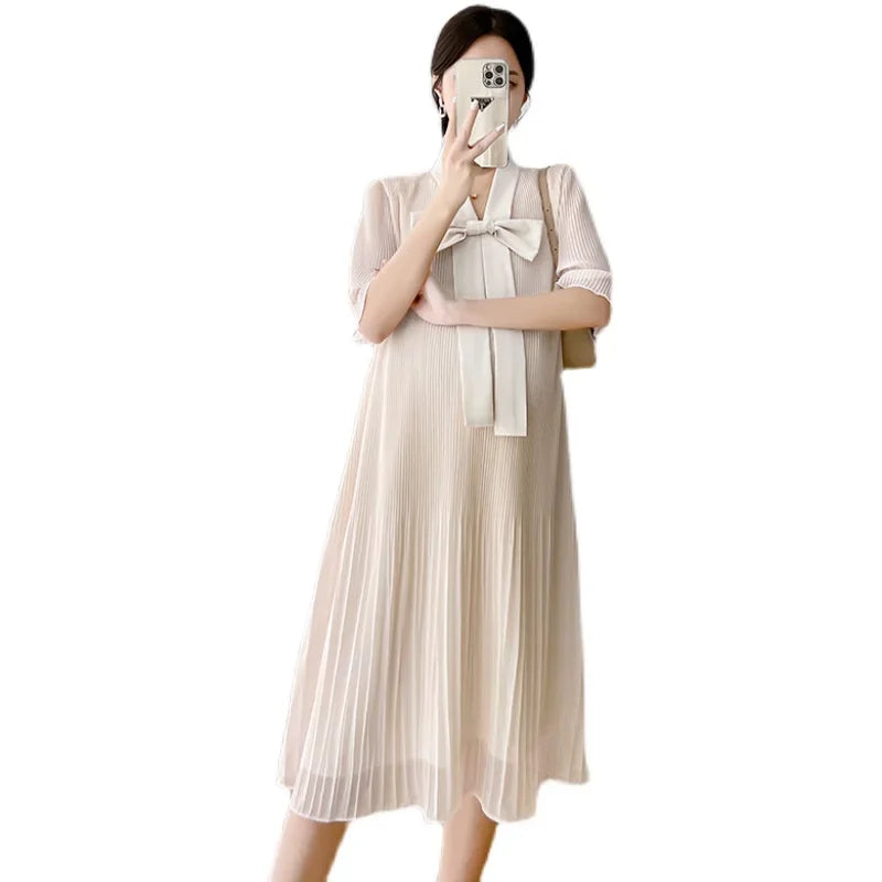 Summer Korean Fashion Chiffon Maternity Dress Elegant Sweet Loose Clothes for Pregnant Women Ins Ruffle Bow Pregnancy Clothing - Slobuy