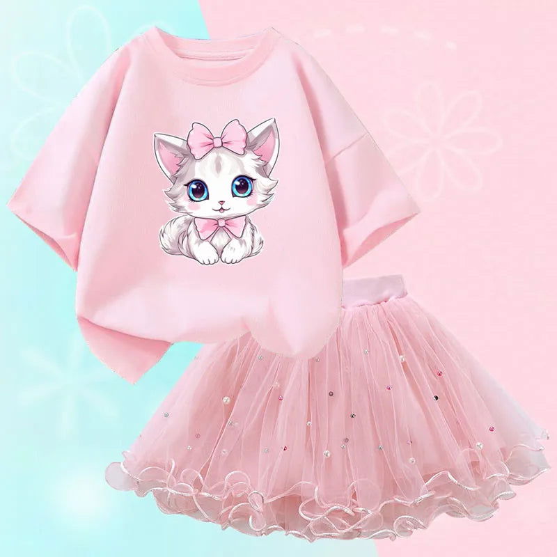 Summer Little Girls Clothing Cute Cat T Shirt& mesh Tutu Skirt Two Piece Set Fashion Korean Children Clothes Outfits 3-14years - Slobuy