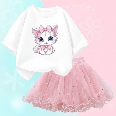Summer Little Girls Clothing Cute Cat T Shirt& mesh Tutu Skirt Two Piece Set Fashion Korean Children Clothes Outfits 3-14years - Slobuy