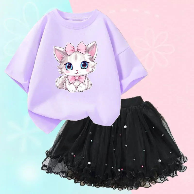 Summer Little Girls Clothing Cute Cat T Shirt& mesh Tutu Skirt Two Piece Set Fashion Korean Children Clothes Outfits 3-14years - Slobuy