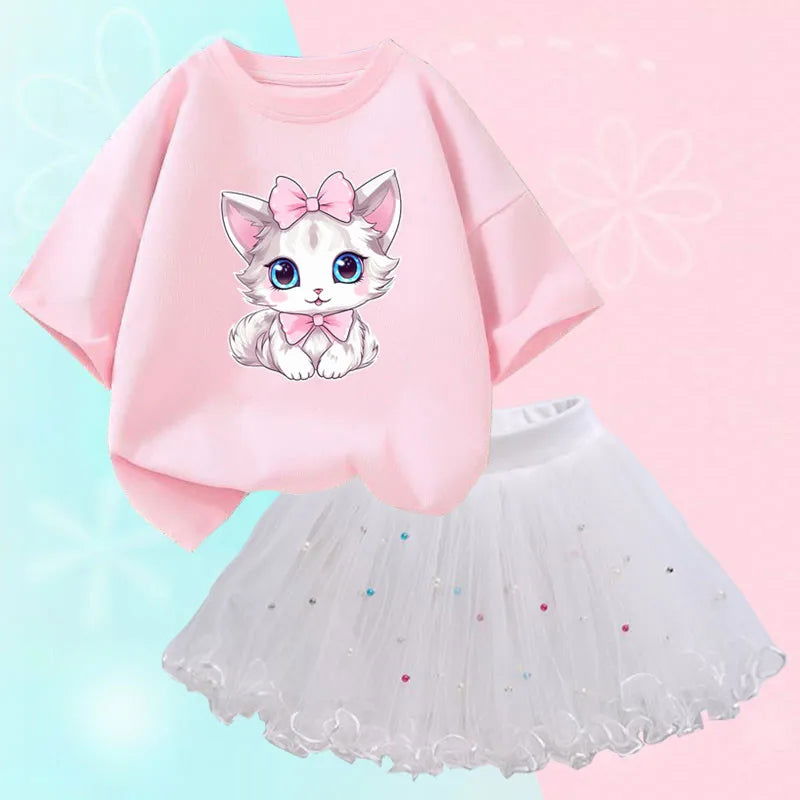 Summer Little Girls Clothing Cute Cat T Shirt& mesh Tutu Skirt Two Piece Set Fashion Korean Children Clothes Outfits 3-14years - Slobuy