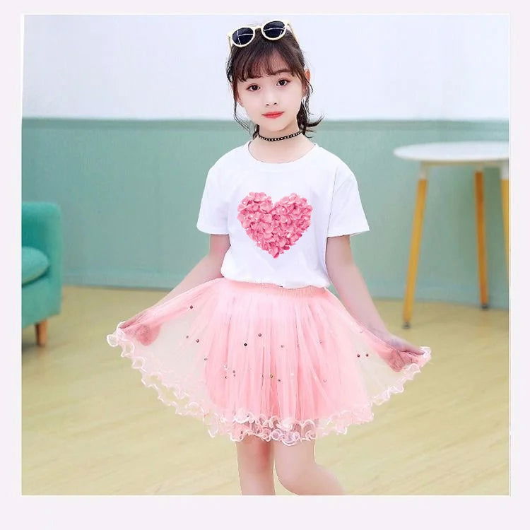 Summer Little Girls Clothing Cute Cat T Shirt& mesh Tutu Skirt Two Piece Set Fashion Korean Children Clothes Outfits 3-14years - Slobuy