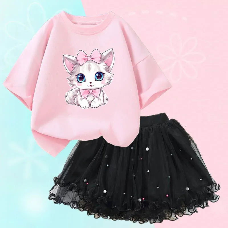 Summer Little Girls Clothing Cute Cat T Shirt& mesh Tutu Skirt Two Piece Set Fashion Korean Children Clothes Outfits 3-14years - Slobuy