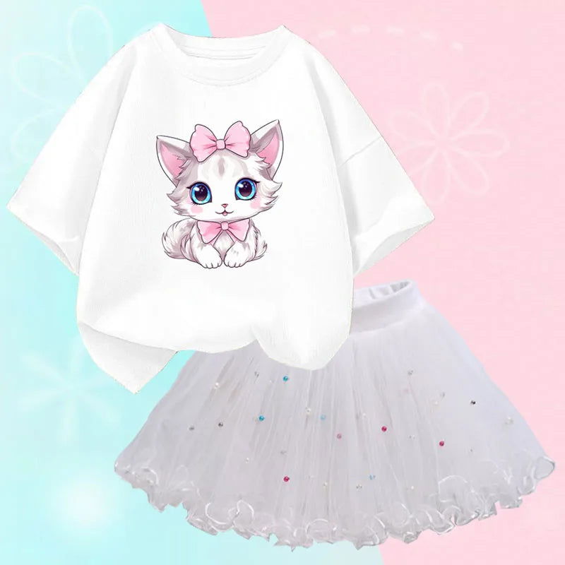 Summer Little Girls Clothing Cute Cat T Shirt& mesh Tutu Skirt Two Piece Set Fashion Korean Children Clothes Outfits 3-14years - Slobuy