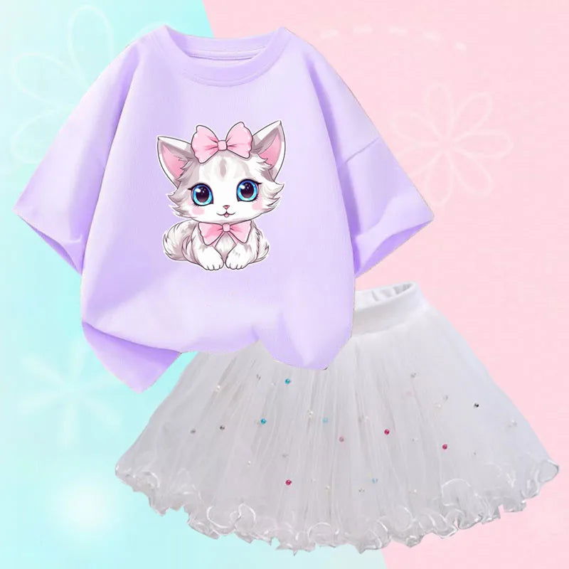 Summer Little Girls Clothing Cute Cat T Shirt& mesh Tutu Skirt Two Piece Set Fashion Korean Children Clothes Outfits 3-14years - Slobuy