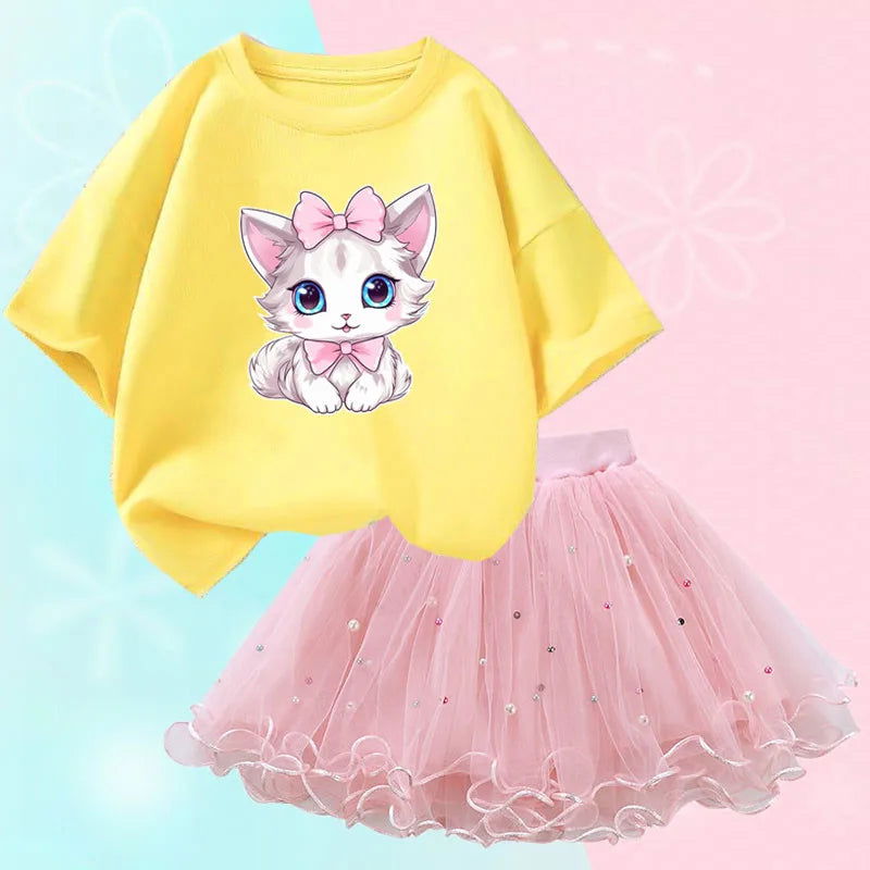 Summer Little Girls Clothing Cute Cat T Shirt& mesh Tutu Skirt Two Piece Set Fashion Korean Children Clothes Outfits 3-14years - Slobuy