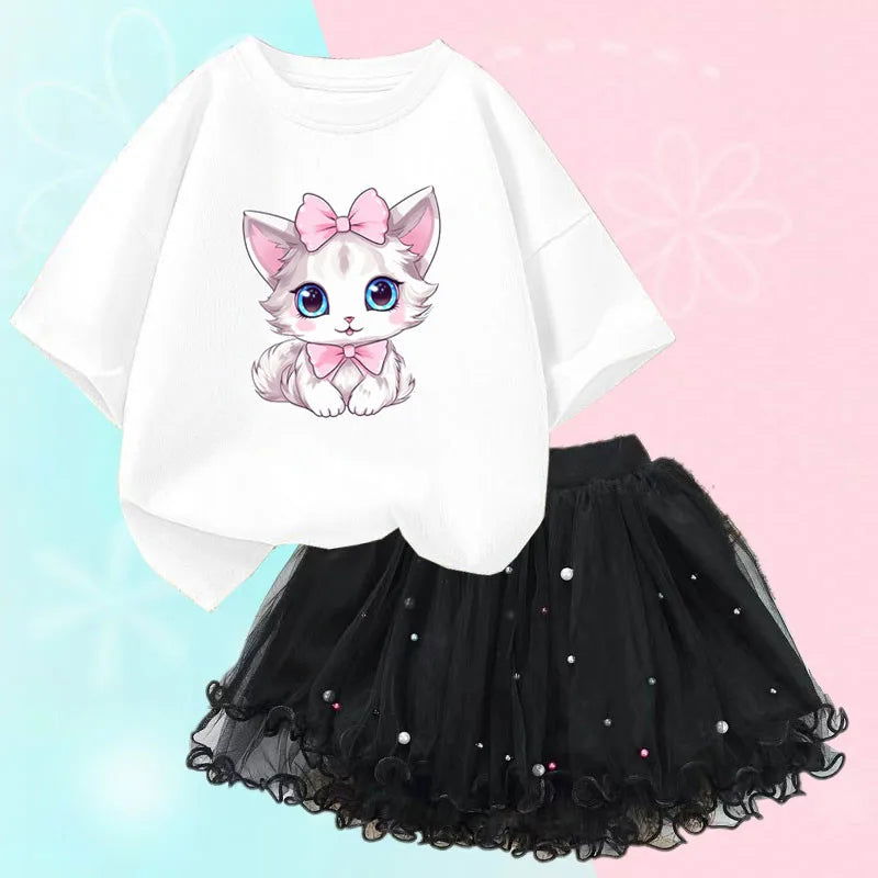 Summer Little Girls Clothing Cute Cat T Shirt& mesh Tutu Skirt Two Piece Set Fashion Korean Children Clothes Outfits 3-14years - Slobuy
