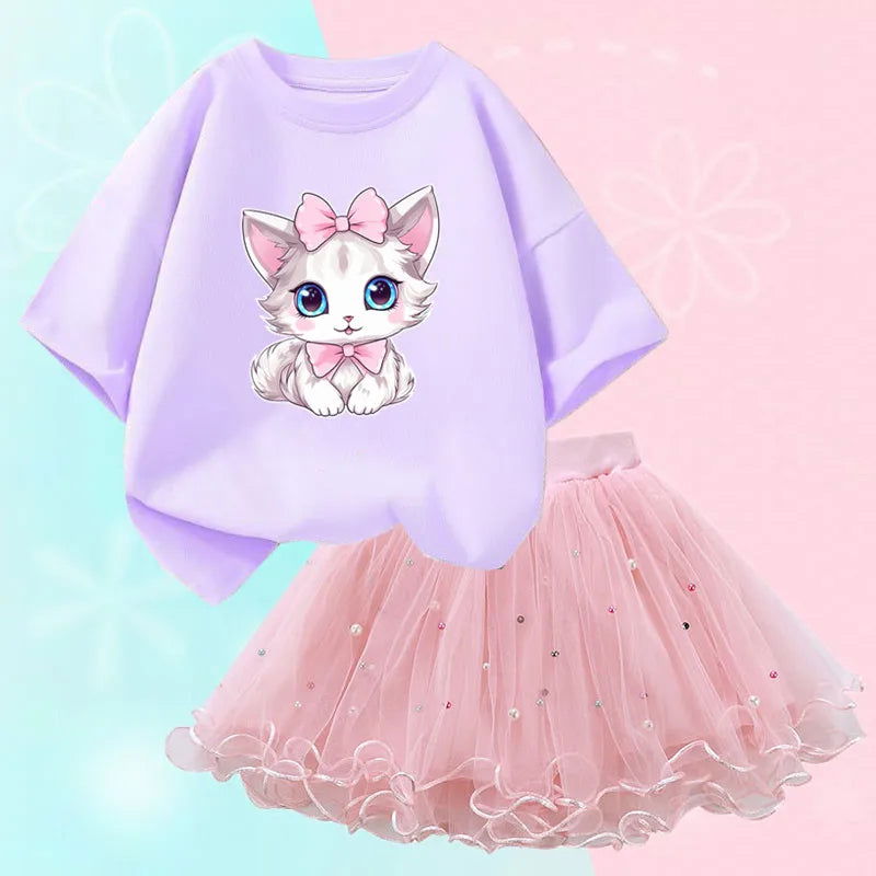 Summer Little Girls Clothing Cute Cat T Shirt& mesh Tutu Skirt Two Piece Set Fashion Korean Children Clothes Outfits 3-14years - Slobuy