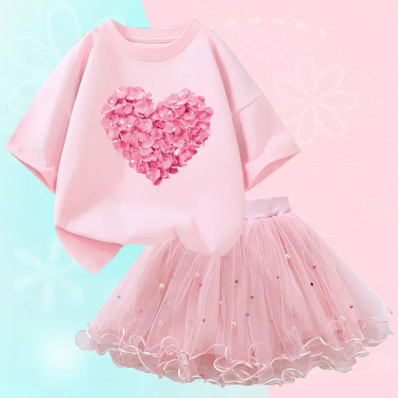 Summer Little Girls Clothing Cute Cat T Shirt& mesh Tutu Skirt Two Piece Set Fashion Korean Children Clothes Outfits 3-14years - Slobuy