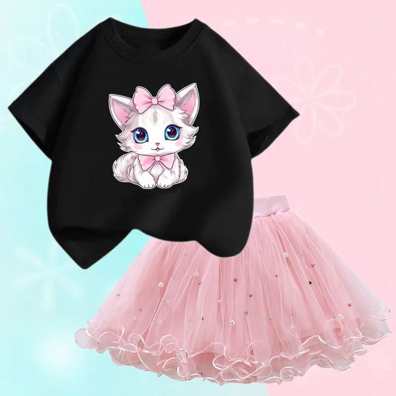 Summer Little Girls Clothing Cute Cat T Shirt& mesh Tutu Skirt Two Piece Set Fashion Korean Children Clothes Outfits 3-14years - Slobuy