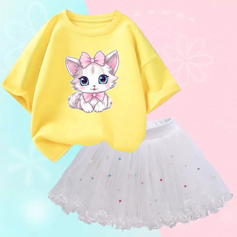 Summer Little Girls Clothing Cute Cat T Shirt& mesh Tutu Skirt Two Piece Set Fashion Korean Children Clothes Outfits 3-14years - Slobuy