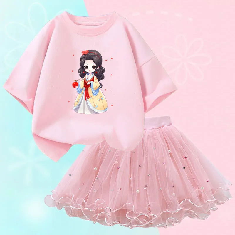 Summer Little Girls Clothing Cute Cat T Shirt& mesh Tutu Skirt Two Piece Set Fashion Korean Children Clothes Outfits 3-14years - Slobuy