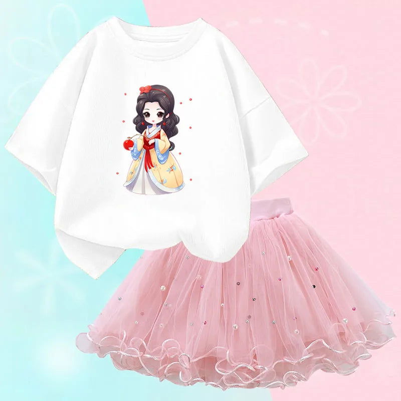 Summer Little Girls Clothing Cute Cat T Shirt& mesh Tutu Skirt Two Piece Set Fashion Korean Children Clothes Outfits 3-14years - Slobuy