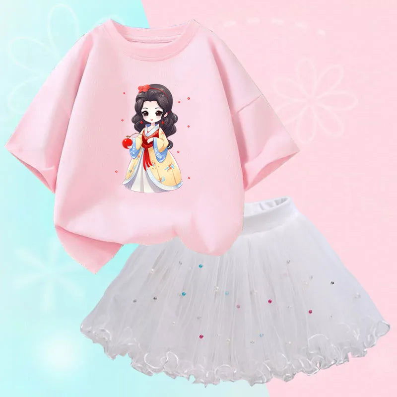 Summer Little Girls Clothing Cute Cat T Shirt& mesh Tutu Skirt Two Piece Set Fashion Korean Children Clothes Outfits 3-14years - Slobuy
