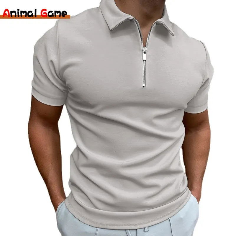 Summer Men's Solid Color Polo Shirt Short Sleeve Turn-Down Collar Zipper Tshirts &for Men Casual Streetwear New Male Tops - Slobuy