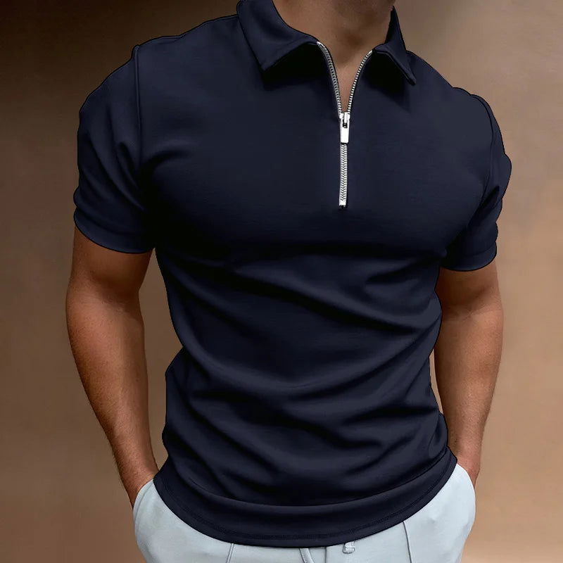 Summer Men's Solid Color Polo Shirt Short Sleeve Turn-Down Collar Zipper Tshirts &for Men Casual Streetwear New Male Tops - Slobuy