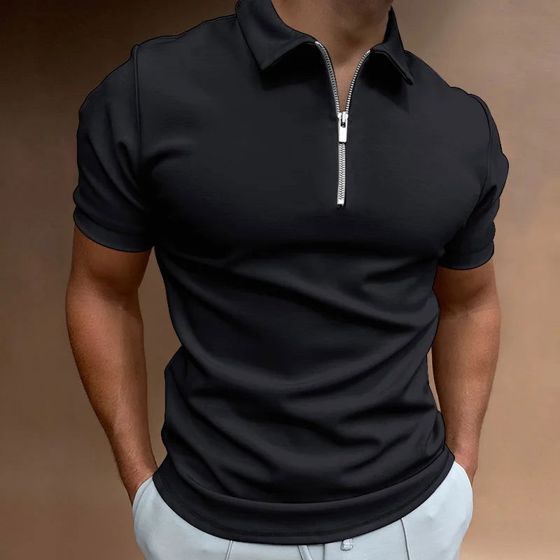 Summer Men's Solid Color Polo Shirt Short Sleeve Turn-Down Collar Zipper Tshirts &for Men Casual Streetwear New Male Tops - Slobuy