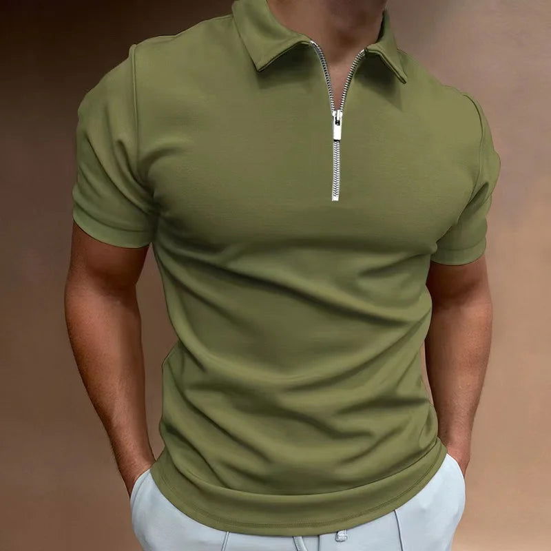 Summer Men's Solid Color Polo Shirt Short Sleeve Turn-Down Collar Zipper Tshirts &for Men Casual Streetwear New Male Tops - Slobuy