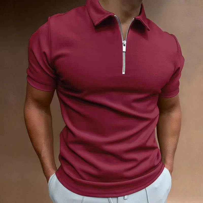 Summer Men's Solid Color Polo Shirt Short Sleeve Turn-Down Collar Zipper Tshirts &for Men Casual Streetwear New Male Tops - Slobuy