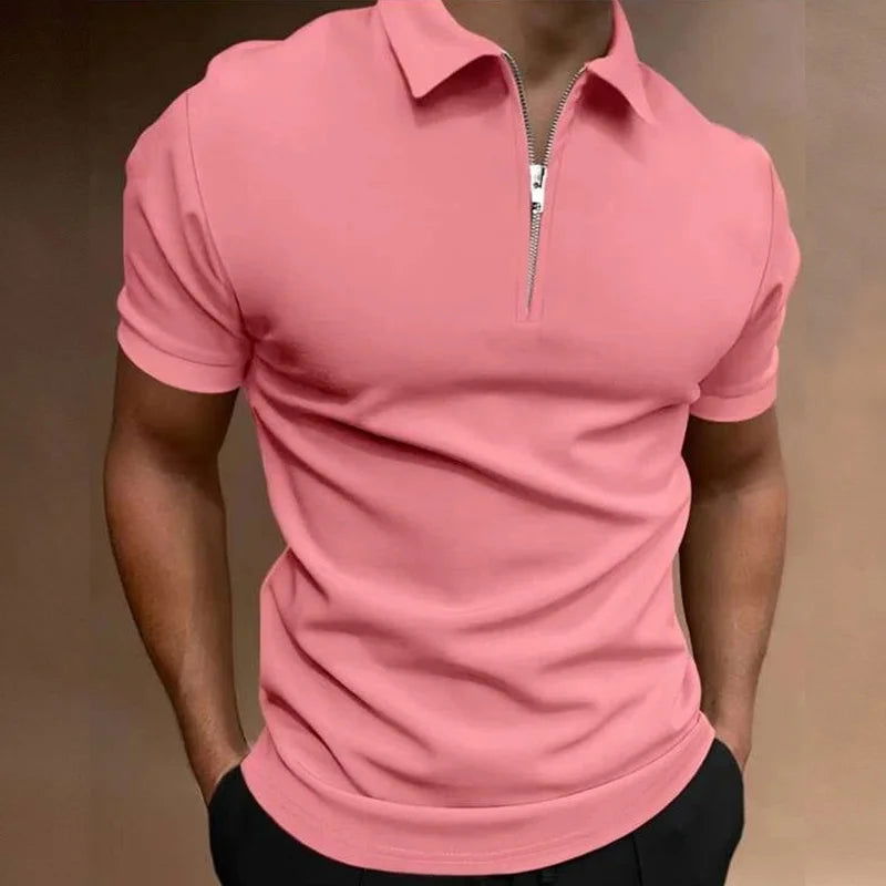 Summer Men's Solid Color Polo Shirt Short Sleeve Turn-Down Collar Zipper Tshirts &for Men Casual Streetwear New Male Tops - Slobuy